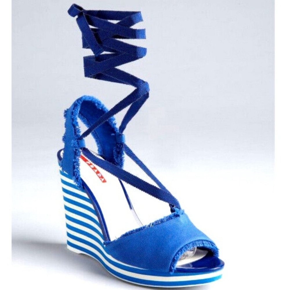 PRADA Cloth Striped Cobalt Blue Canvas Ankle Lace Up Wedges Heels Sandals - Picture 2 of 4